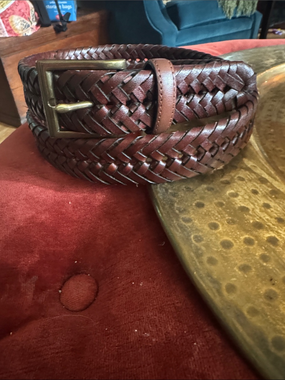 Lands' End Braided Leather Belt in Brown with Brass Buckle